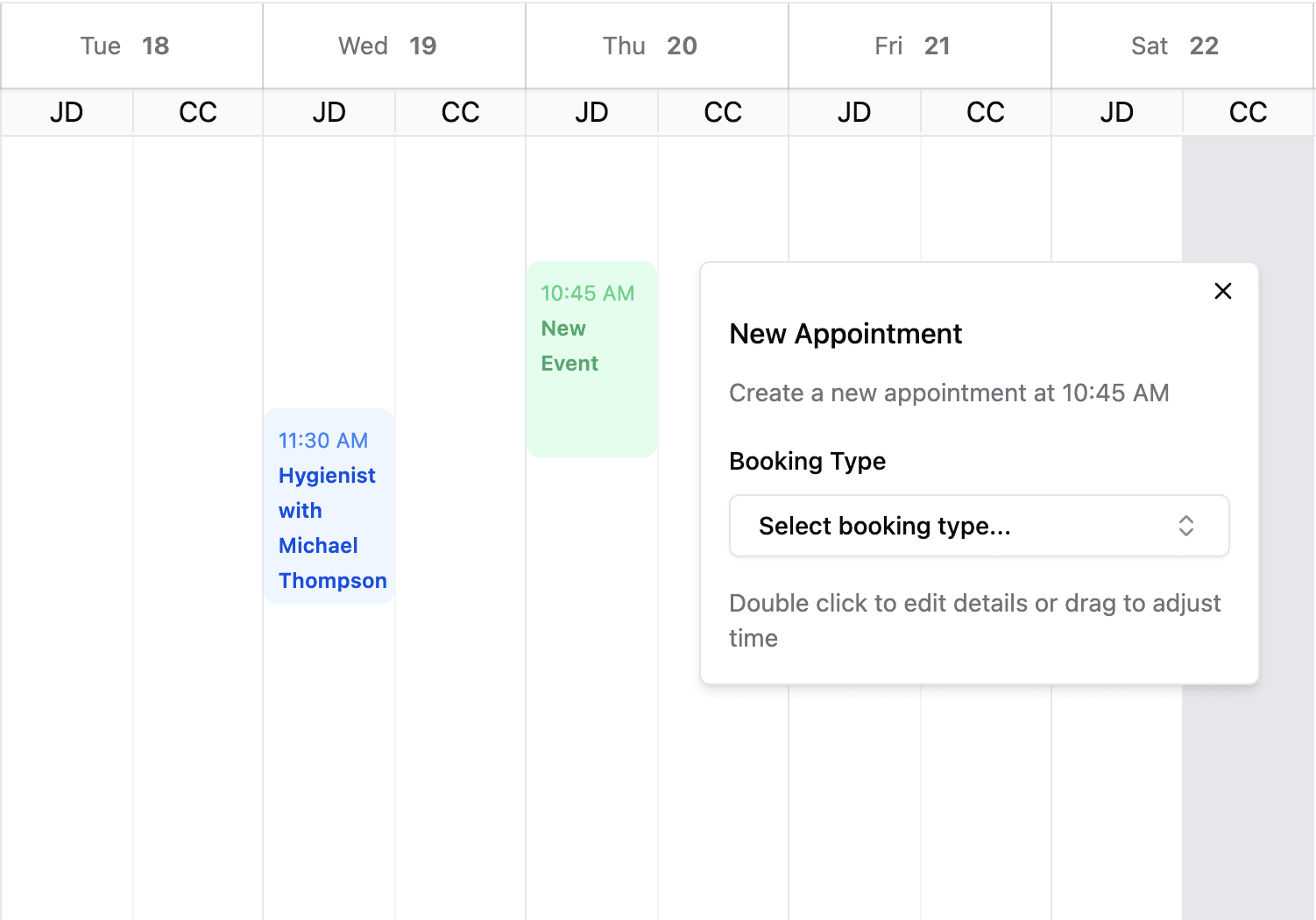 Admin calendar interface showing weekly view